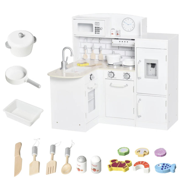 White Kids Wooden Play Kitchen Set with Microwave and Fridge