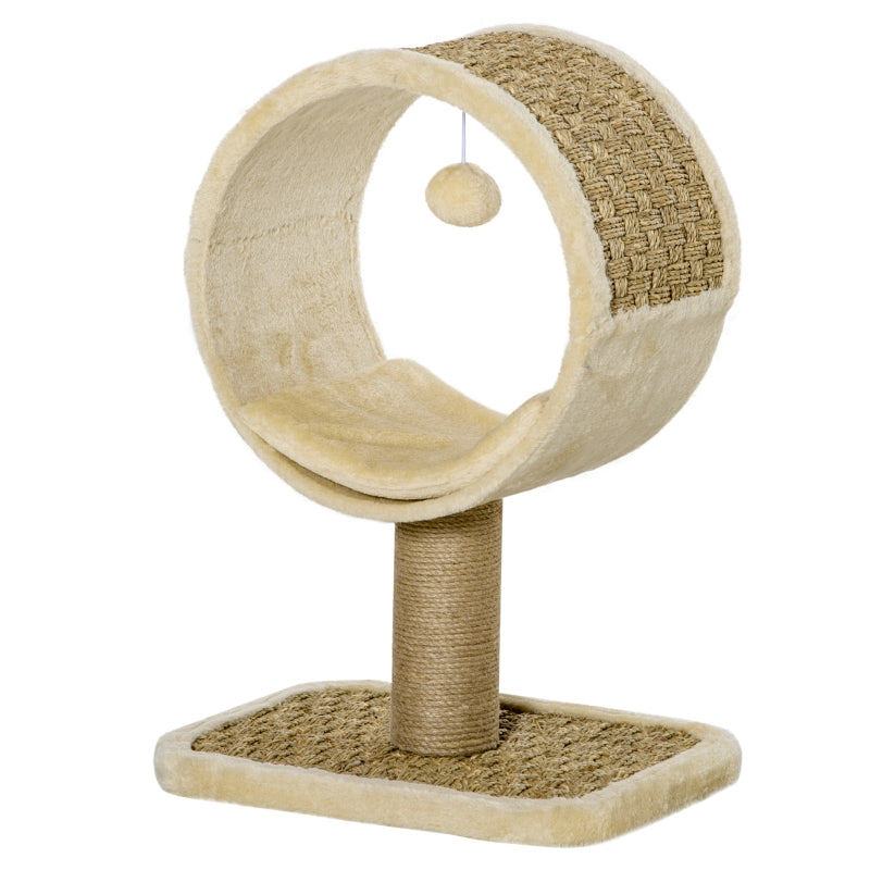 Beige Cat Tree with Scratching Post, Tunnel, Ball Toy - 56cm