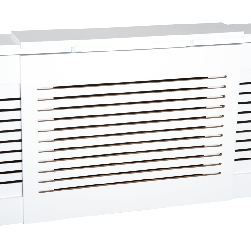 White Extendable Radiator Cover Cabinet Shelving Slatted Design 139-208.5L x 20.5W x 82.5H cm