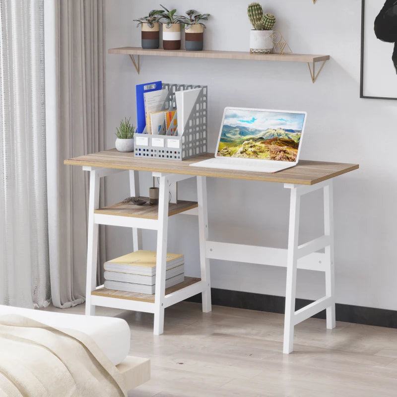 Compact White and Natural Computer Desk with Storage Shelves