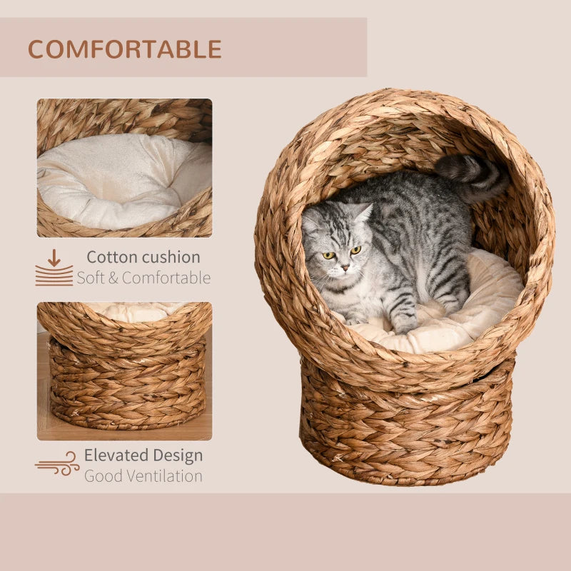 Brown Wicker Cat Bed with Raised Rattan Basket & Washable Cushion