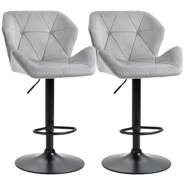 Grey Velvet Barstools Set of 2 with Backrests and Adjustable Height
