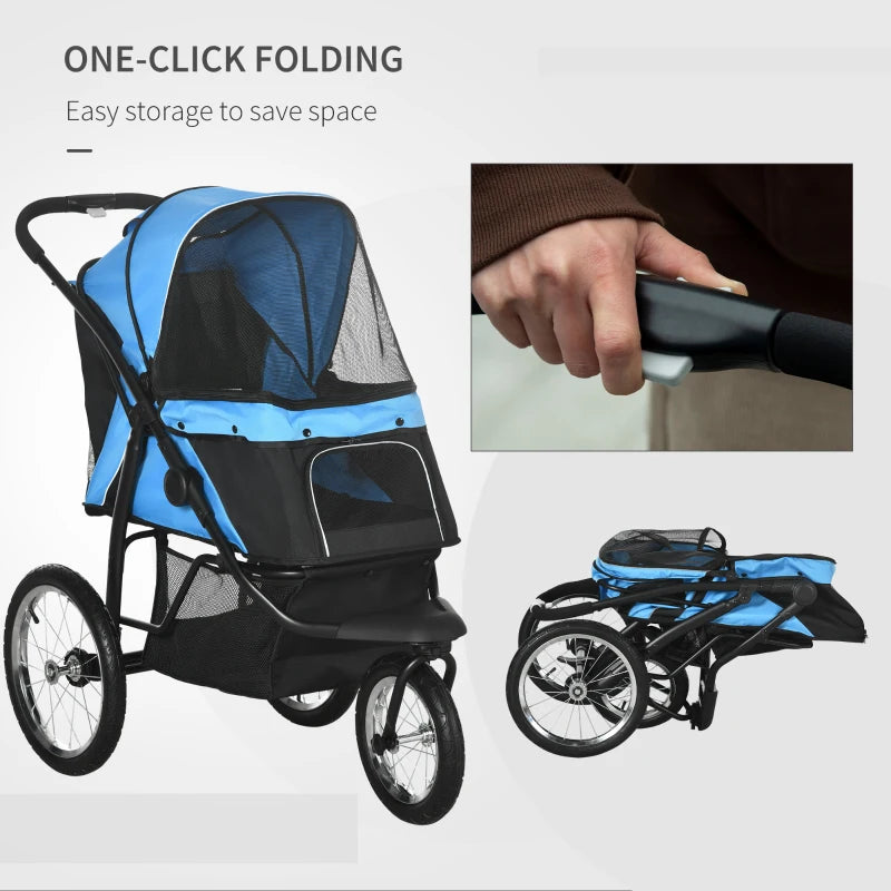 Blue Pet Stroller for Medium and Small Dogs - Foldable Jogger with Adjustable Canopy and Washable Cushion