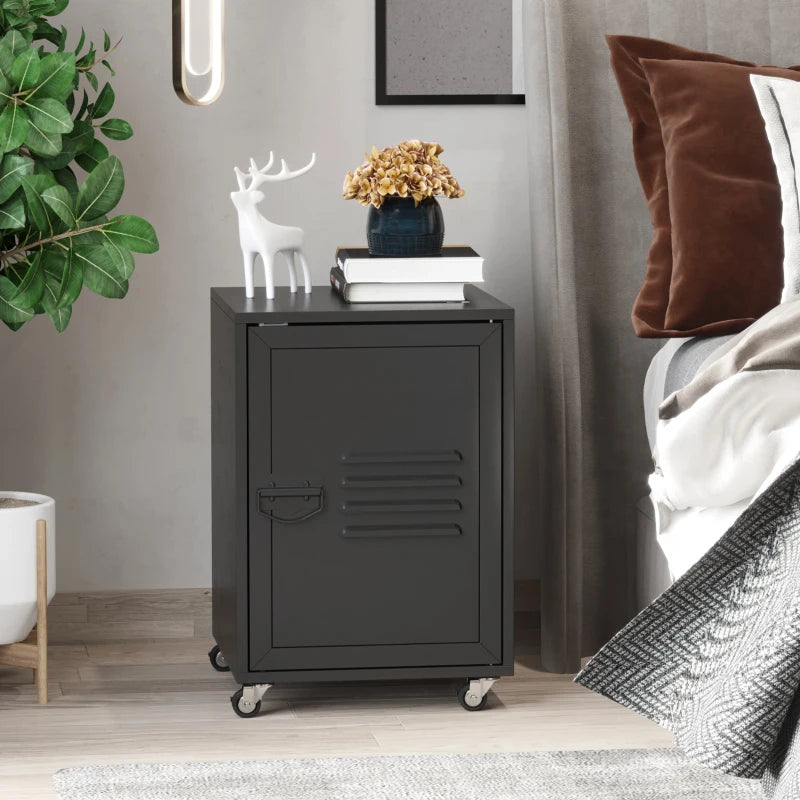 Black Industrial Rolling Bedside Table with Adjustable Shelf