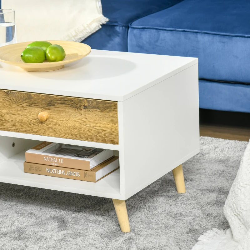 Rectangular White and Brown Coffee Table with Drawers and Shelves