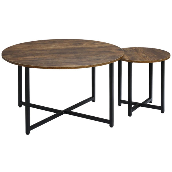 Rustic Brown Metal Frame Round Coffee Table Set - Industrial Side Tables for Living Room
