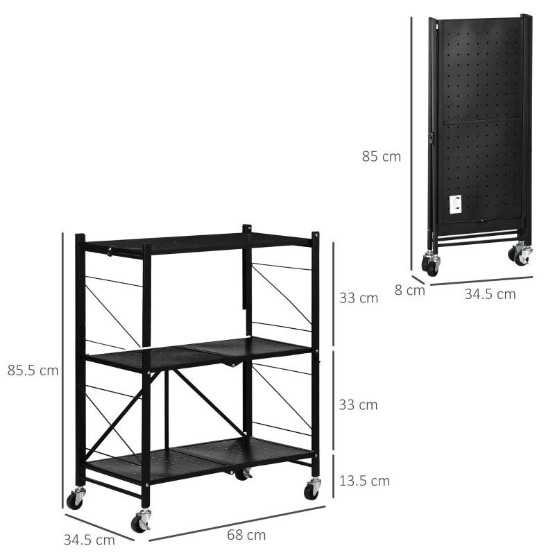 Black 3-Tier Foldable Storage Trolley Cart - Kitchen, Living Room, Bathroom - 68 x 34.5 x 85.5 cm