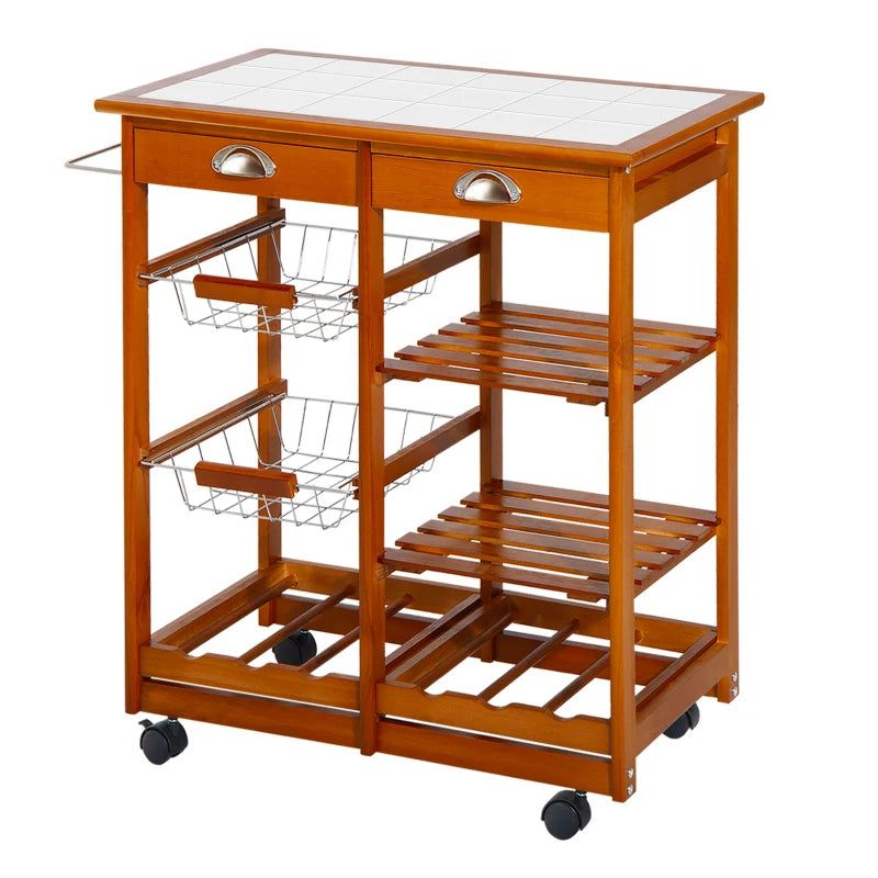 Rolling Kitchen Cart with Drawers, Baskets, Wine Rack & Tile Top - Natural Wood