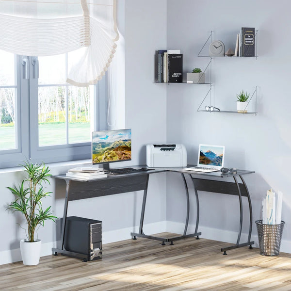 Black L-Shaped Computer Desk - Minimalist Home Office Workstation