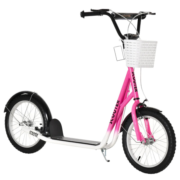 Pink Kids Scooter with Adjustable Handlebar, 2 Brakes, Basket, Cupholder, Mudguard, 16" Inflatable Tyres