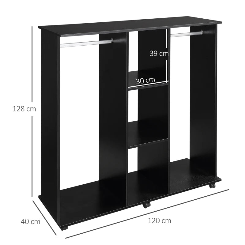 Black Double Open Wardrobe with Hanging Rails and Shelves