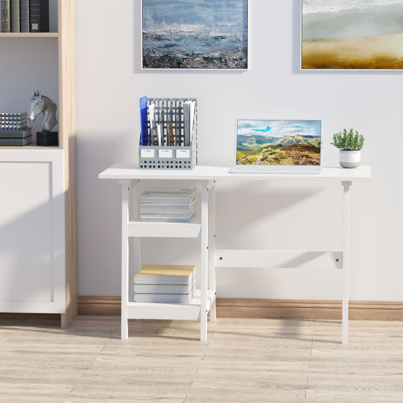 White Compact Computer Desk with Storage Shelves - Home Office Study Table