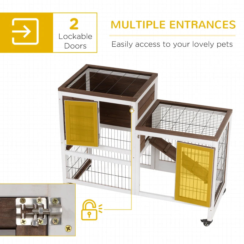 Brown Two-Tier Rabbit Hutch with Wheels