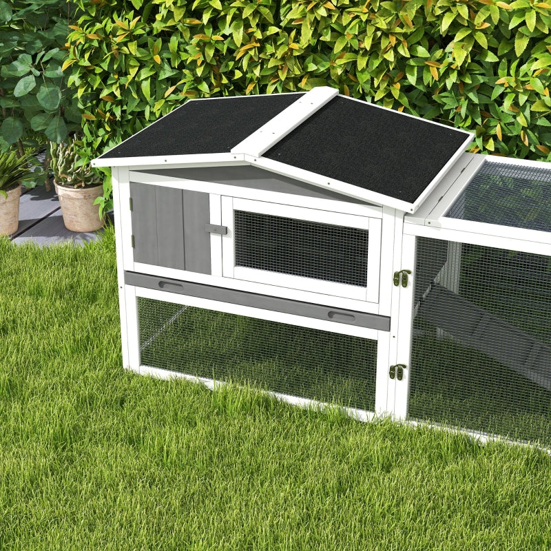 Grey Wooden Rabbit Hutch with Run and Accessories, 156 x 58 x 68cm