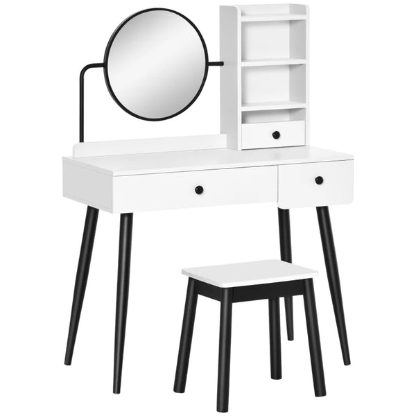 White Vanity Dressing Table Set with Mirror, Stool, and Storage