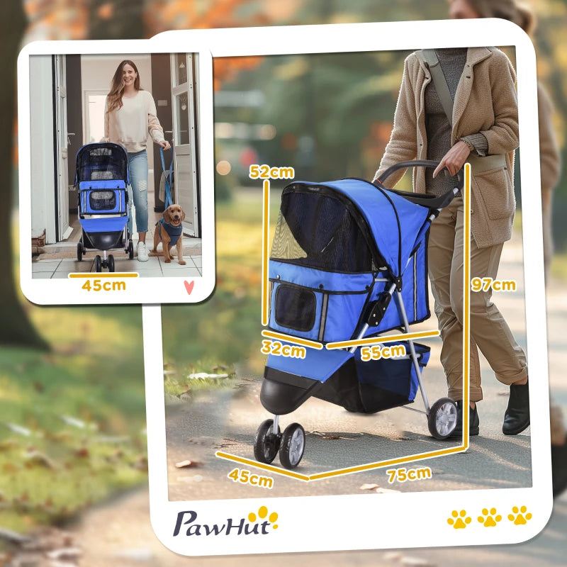 Blue Pet Travel Stroller for Small Dogs - 3-Wheel Puppy Carrier