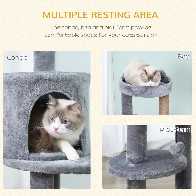 Grey Cat Tree Tower with Scratching Posts and Plush Perch