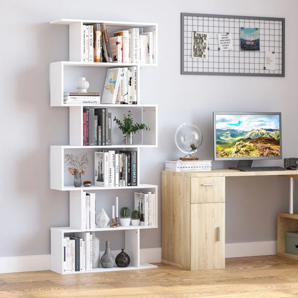 White S-Shaped 6-Tier Wooden Bookshelf for Home Office and Living Room