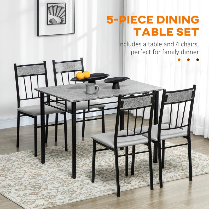 5-Piece Marble Effect Dining Table Set - Grey/Black