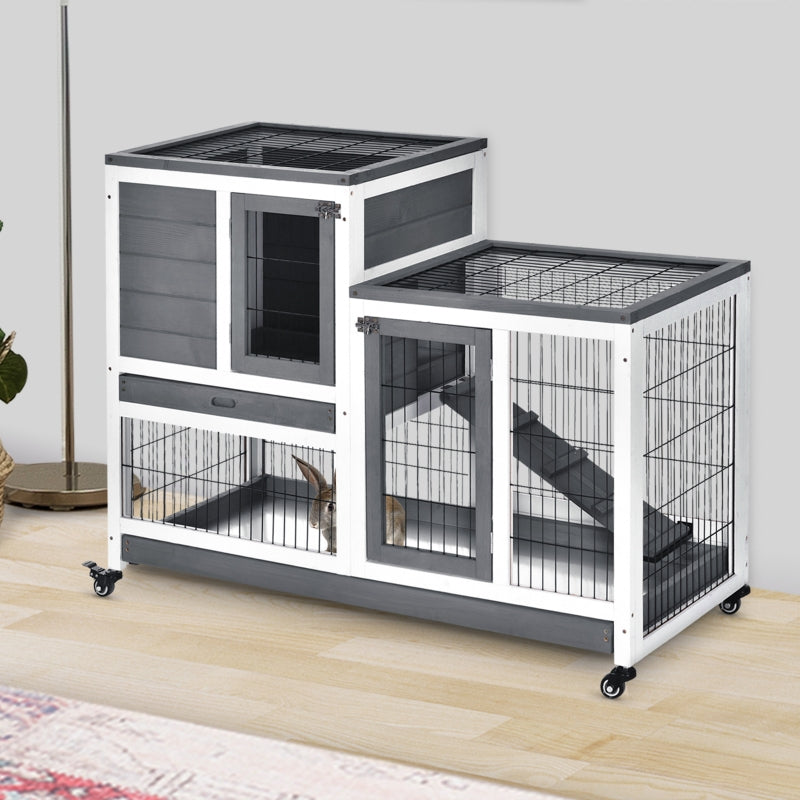 Grey Wooden Indoor Small Animal Hutch with Wheels and Enclosed Run