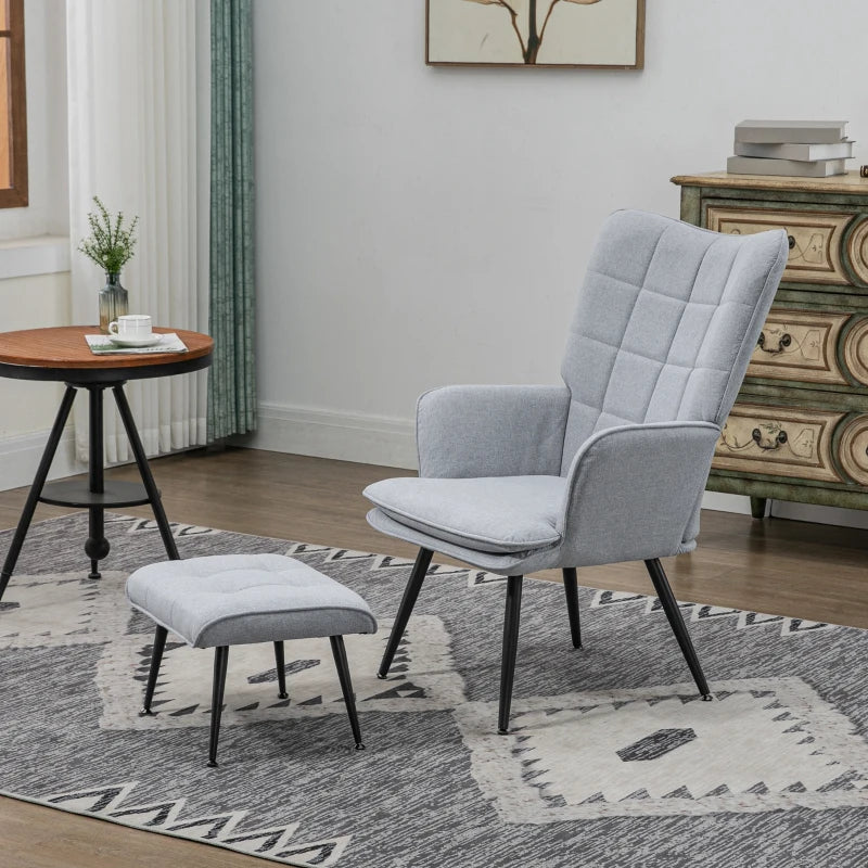 Light Grey Linen Armchair Set with Footstool for Living Room and Bedroom