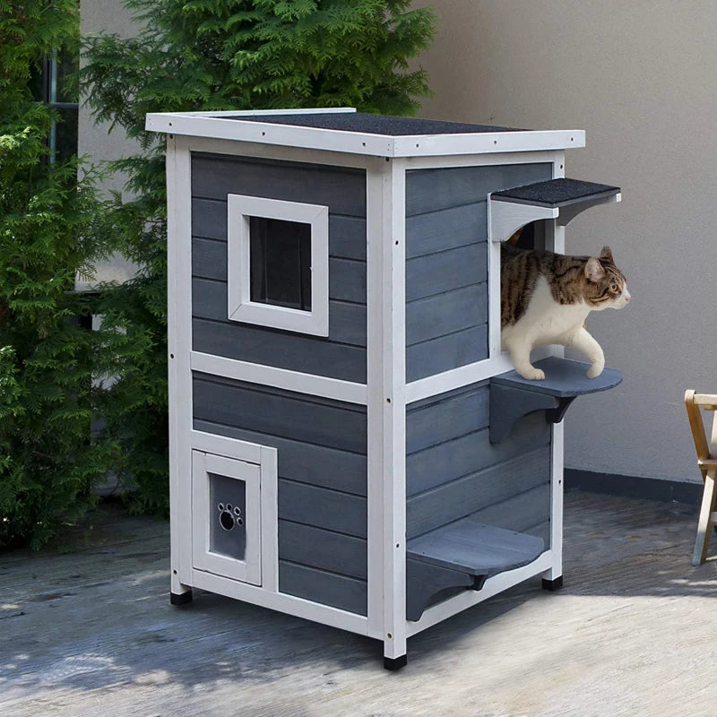 Grey 2-Floor Wooden Cat House with Window