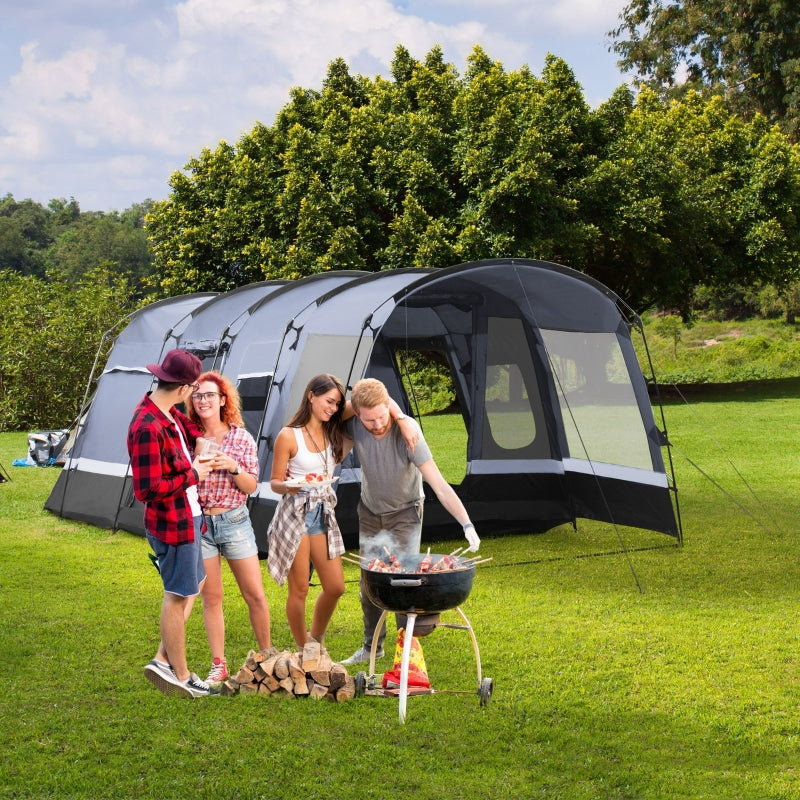 8-Person Waterproof Grey Camping Tent with Tunnel Design and 4 Large Windows