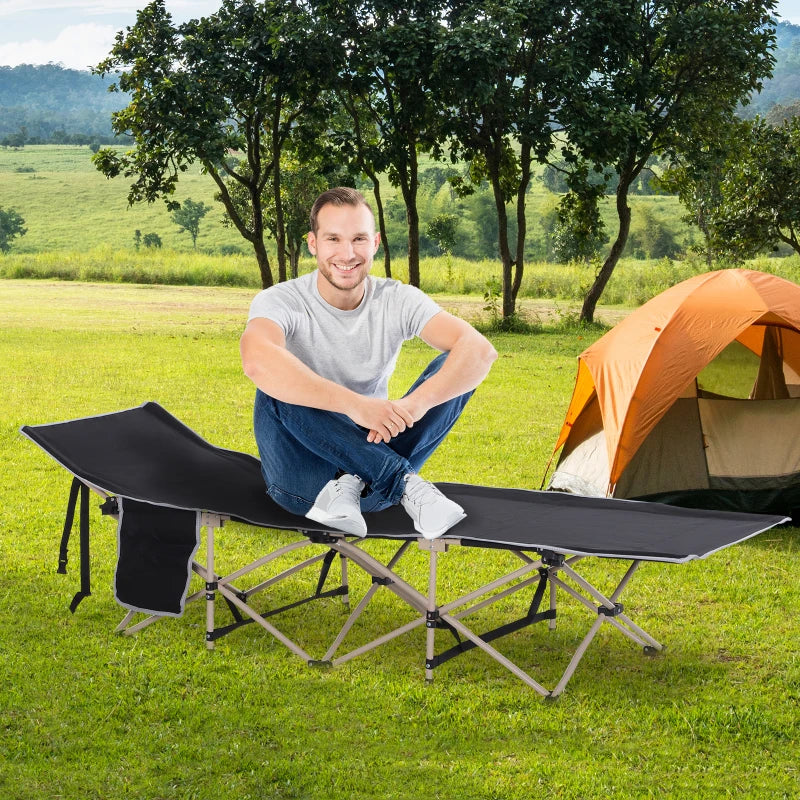 Portable Black Camping Cot with Side Pocket and Carry Bag