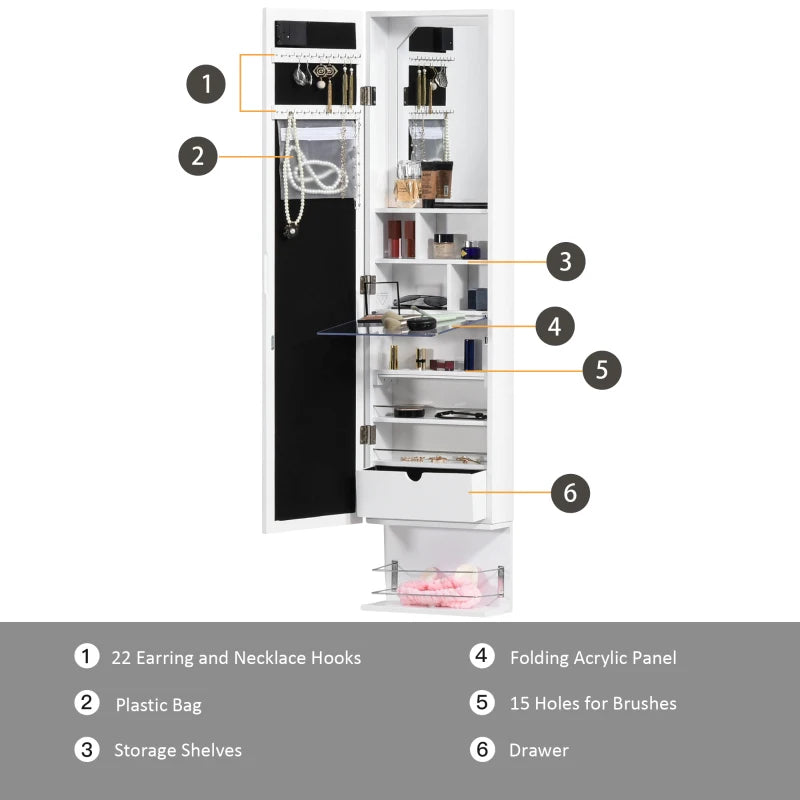 White Wall-Mounted Jewellery Cabinet with Lights and Brush Holder