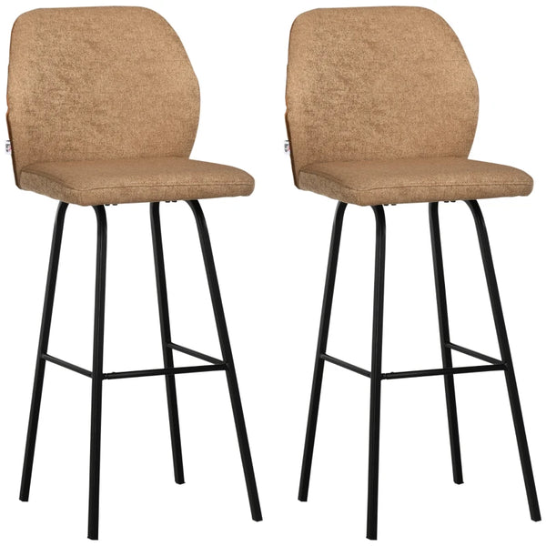 Light Brown Linen Upholstered Bar Stools Set of 2 with Backs