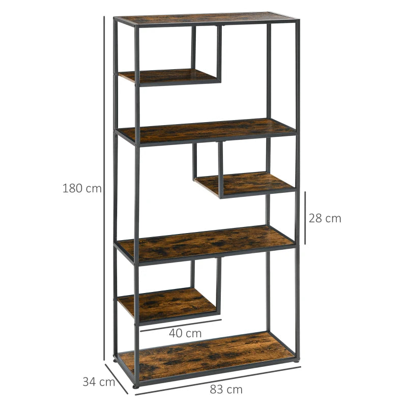 Rustic Brown 7-Tier Metal Bookcase Shelf for Home and Office