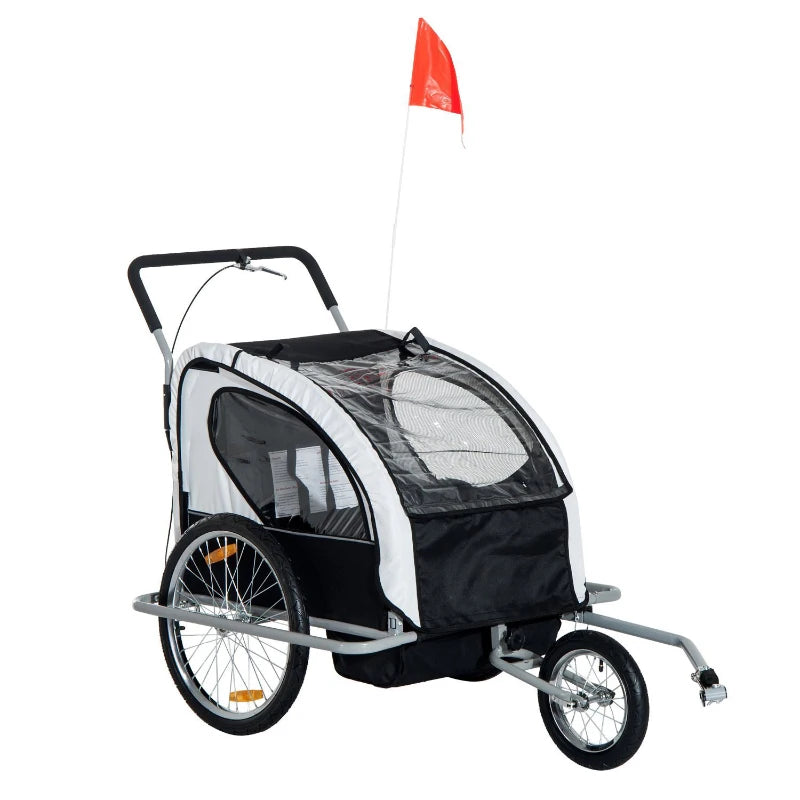 2-Seater Baby Bike Trailer with Pivot Wheel Hitch - Black & White