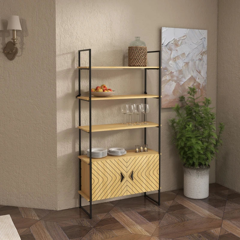 4-Tier Metal Display Shelf with Double Door Cabinet - Oak Tone