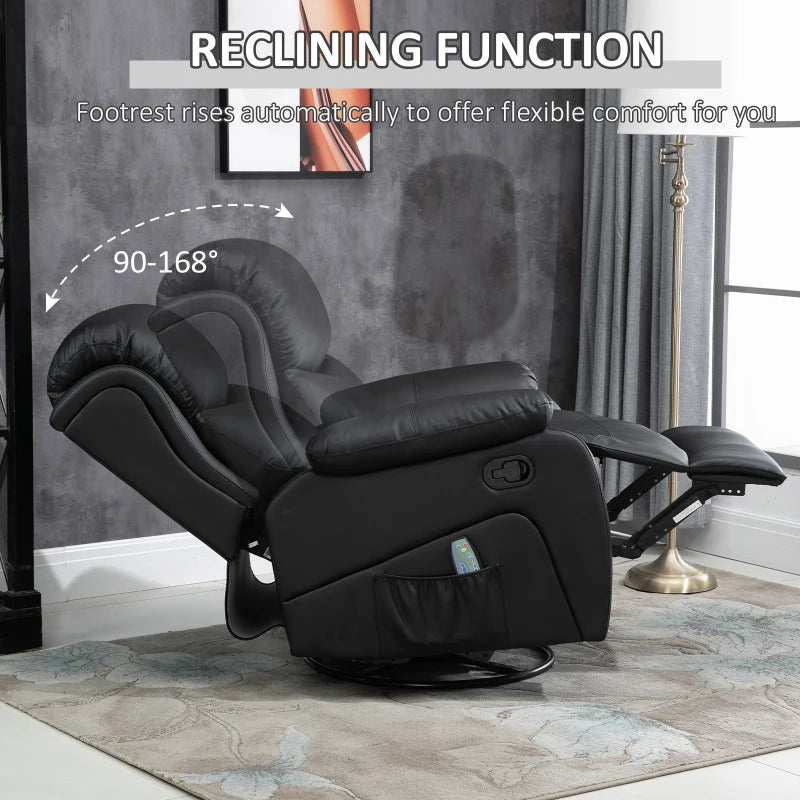 Black PU Leather Massage Recliner with Swivel Base and Heat