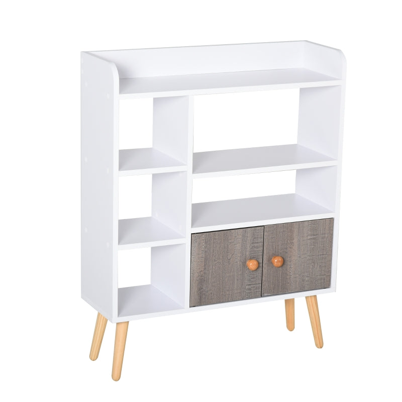 White Modern Multi-Shelf Bookcase with Cabinet - 6 Shelves, Wood Legs