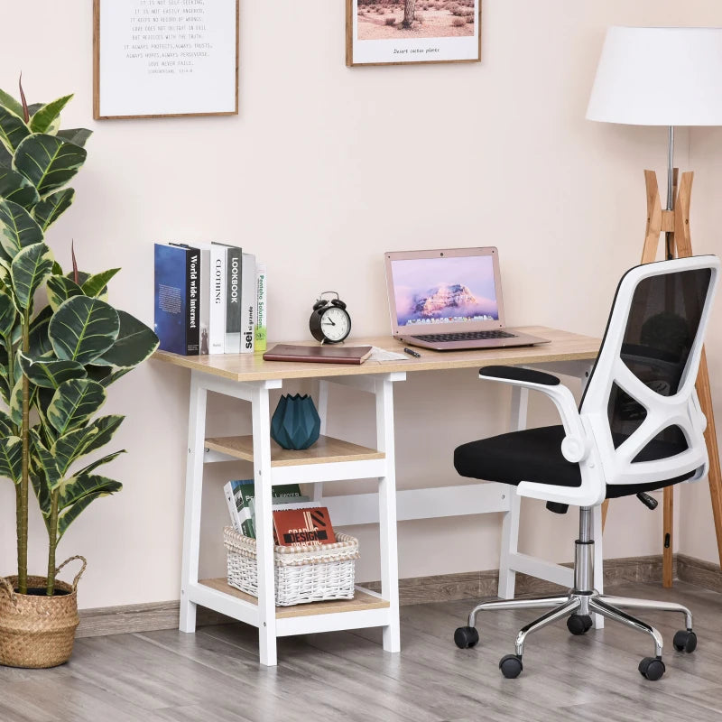 Compact White and Natural Computer Desk with Storage Shelves