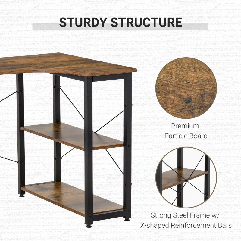 Rustic Brown L-Shaped Corner Desk with Bookshelf - Home Office Workstation