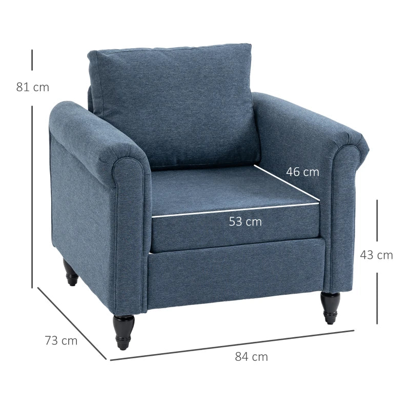 Dark Blue Upholstered Accent Chair with Rolled Arms and Back Pillow