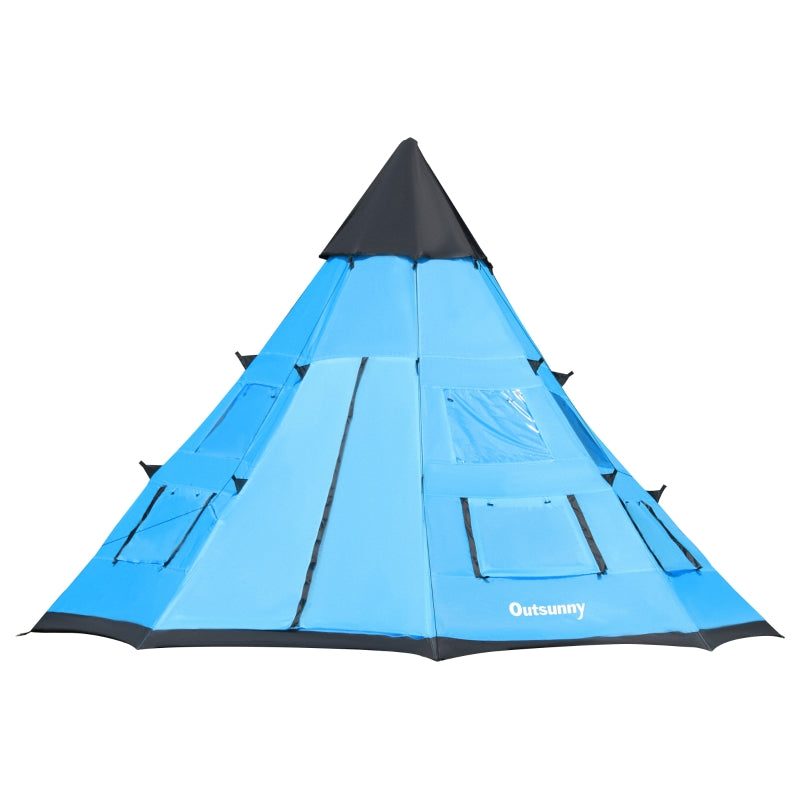 Blue 6-Person Teepee Camping Tent with Mesh Windows and Carry Bag