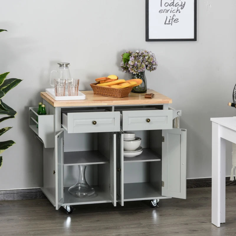 Grey Rolling Kitchen Island Trolley with Rubber Wood Top & Drawers