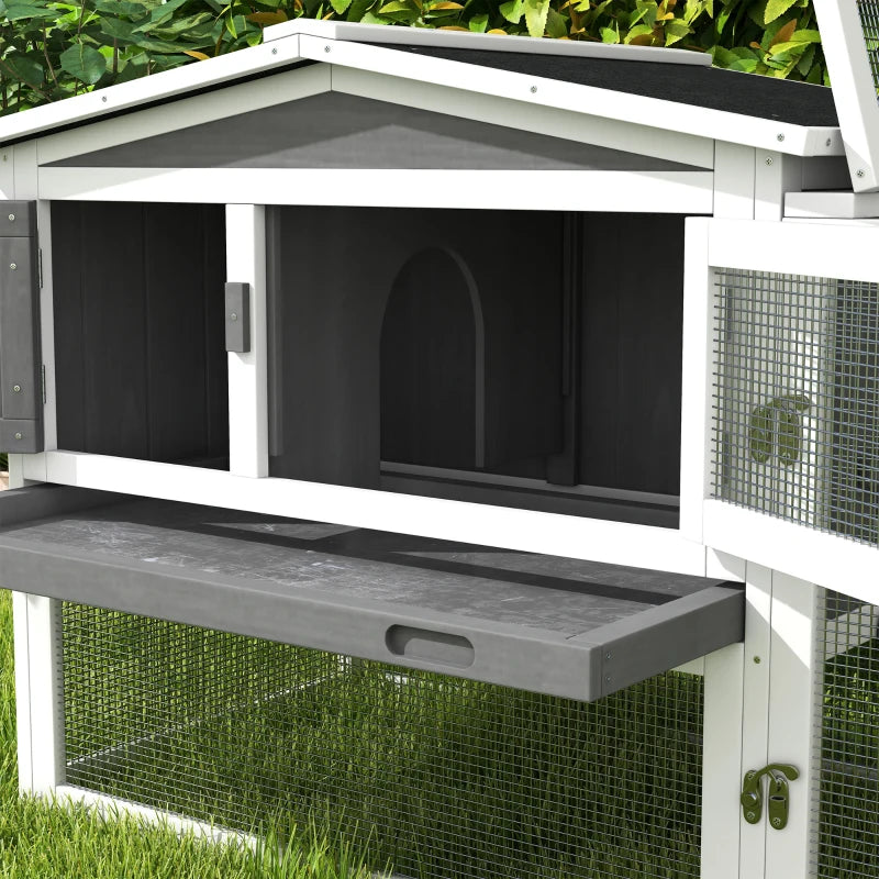 Grey Wooden Rabbit Hutch with Run and Accessories, 156 x 58 x 68cm