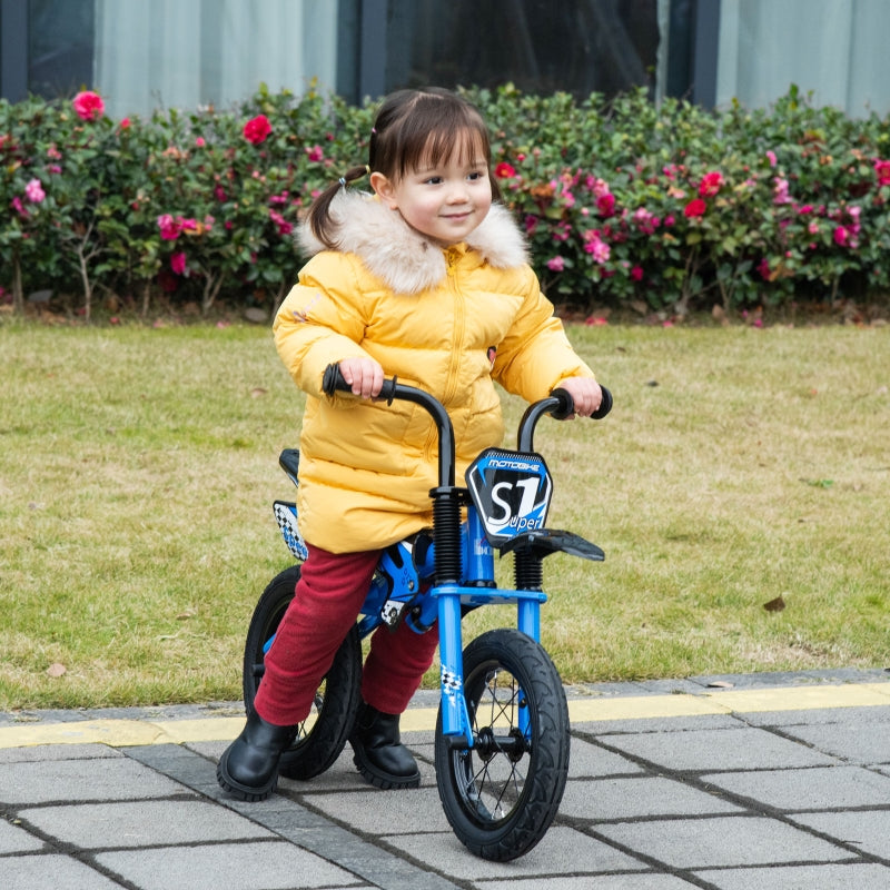 Blue 12" Kids Balance Bike, No Pedal Training Bicycle, Motorbike Style