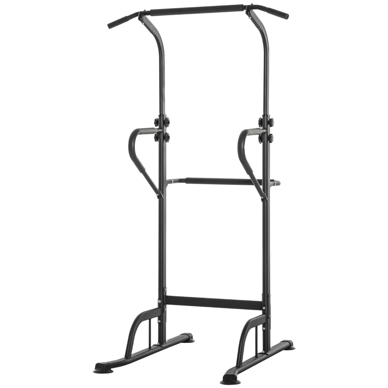 Black Power Tower Dip Station Pull Up Bar - Adjustable Height Home Gym Equipment