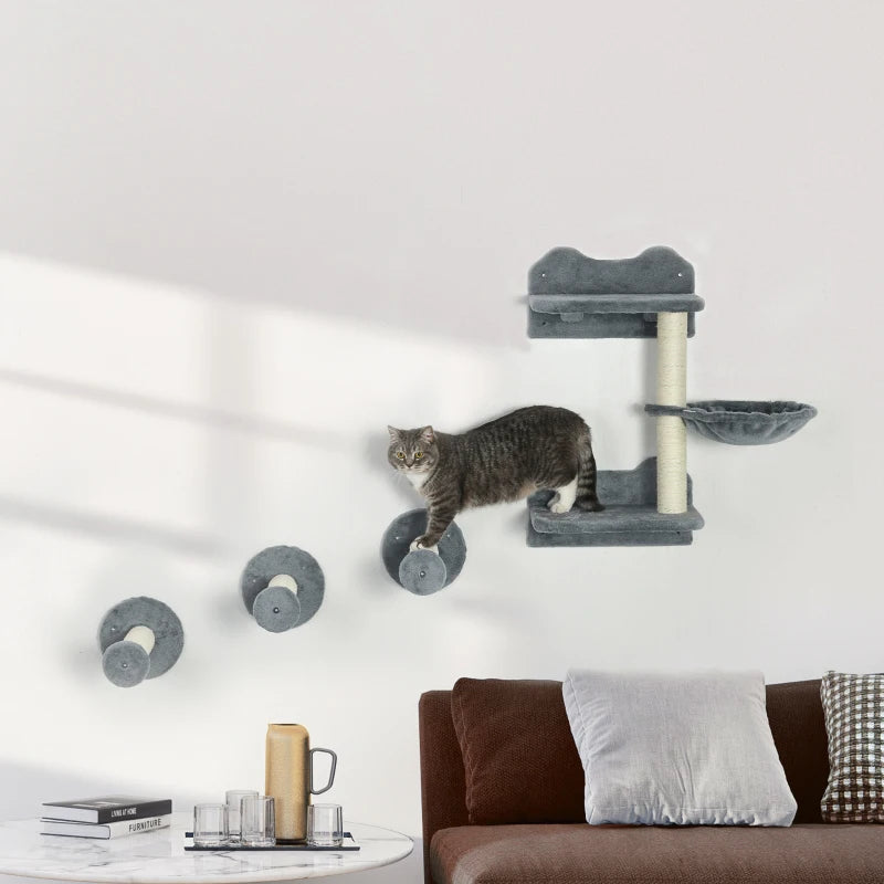 Grey Wall-Mounted Cat Tree with Scratching Post - 4 Piece Set