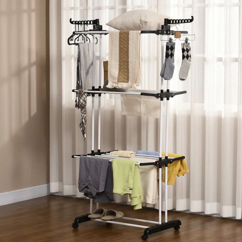 Black 4-Tier Foldable Steel Clothes Drying Rack with Castors