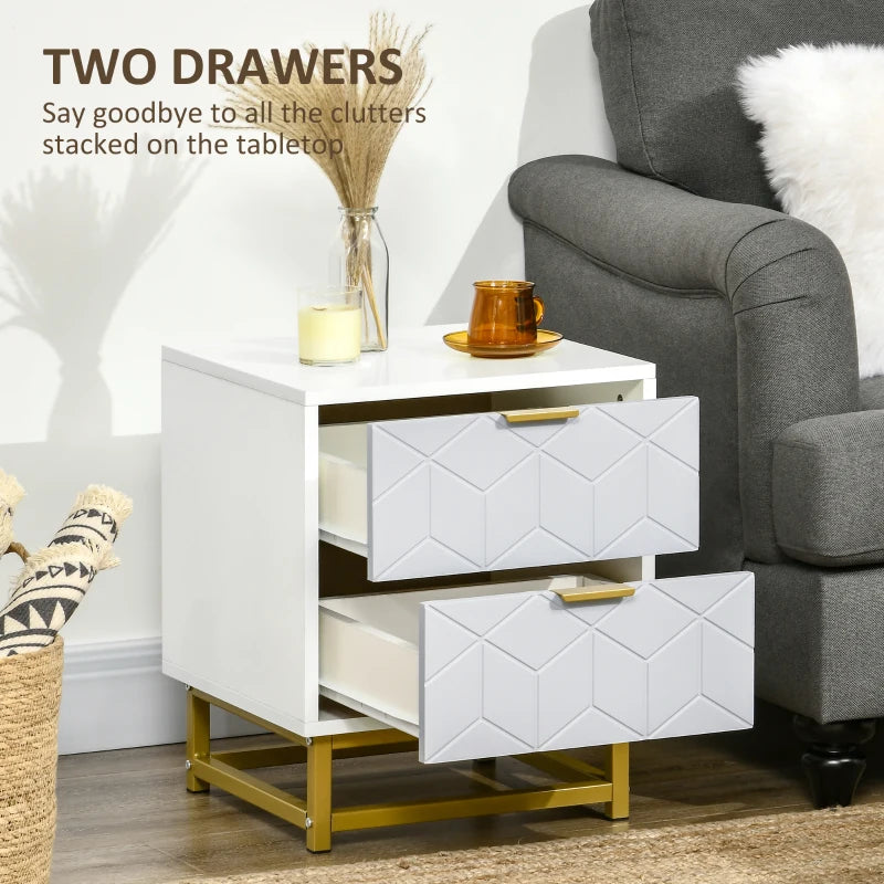 Grey and White 2-Drawer Bedside Table with Steel Frame