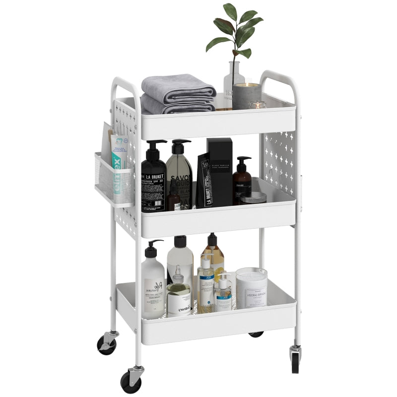 White 3-Tier Rolling Storage Trolley with Baskets and Hooks