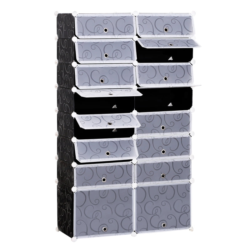 Modular 16-Cube Shoe Rack, 2 x 8 Tier Storage Cabinet, White & Black