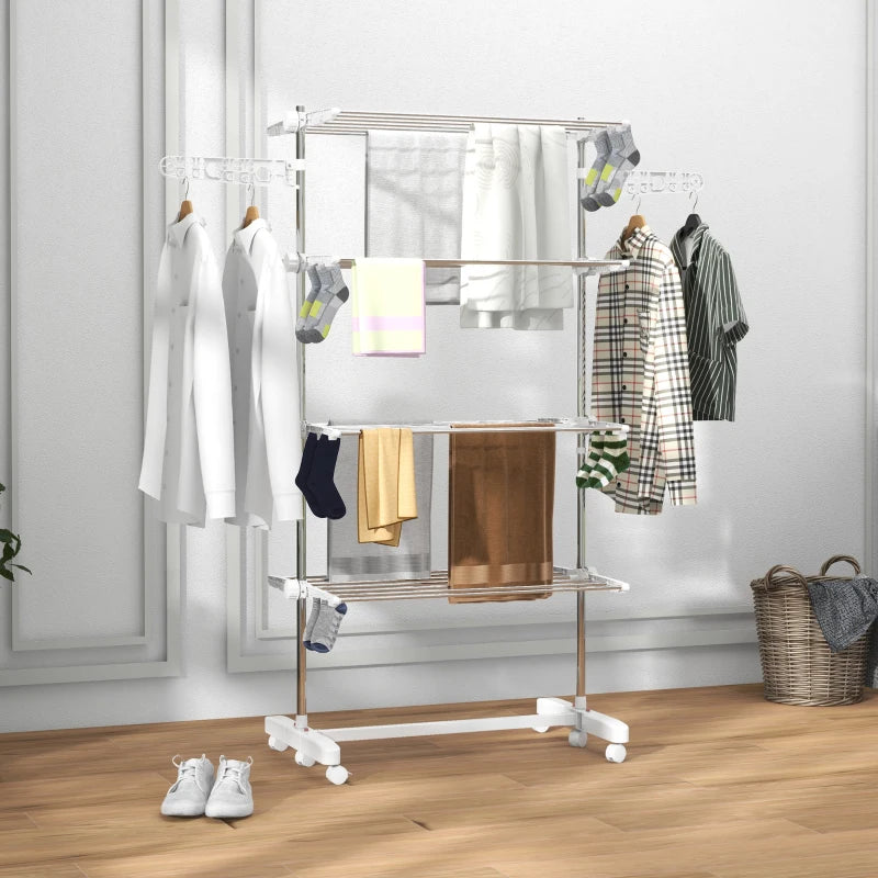 White 4-Shelf Folding Clothes Drying Rack with Side Arms and Wheels