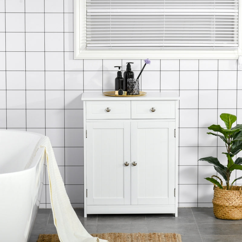 White Bathroom Storage Cabinet with Drawers and Adjustable Shelf